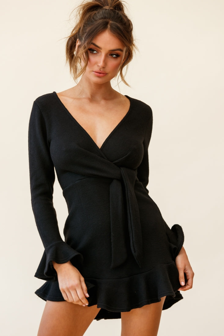 Shalini Flared Cuff Surplice Neckline Knit Dress Black by Selfie Leslie