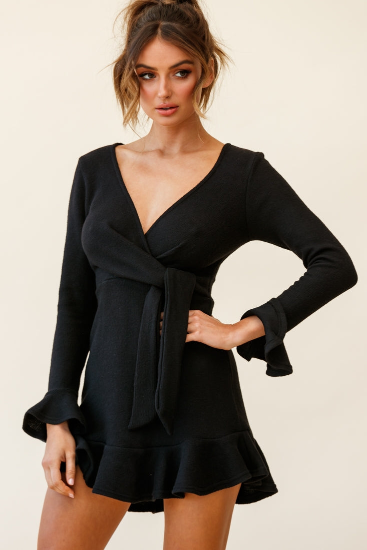 Shalini Flared Cuff Surplice Neckline Knit Dress Black by Selfie Leslie