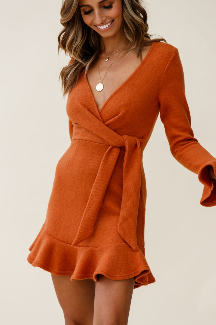 Shalini Flared Cuff Surplice Neckline Knit Dress Rust by Selfie Leslie