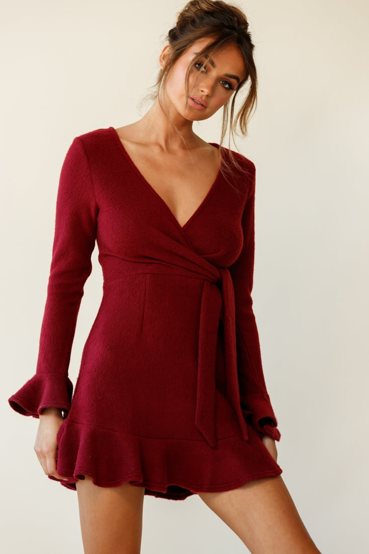 Shalini Flared Cuff Surplice Neckline Knit Dress Wine by Selfie Leslie