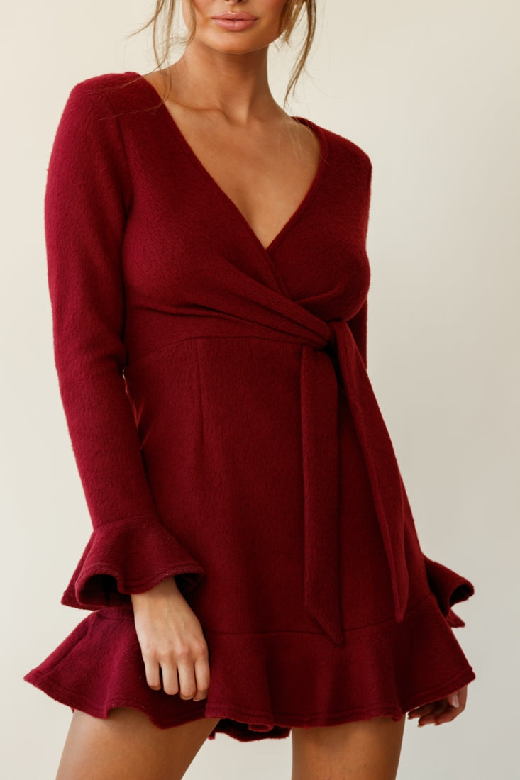 Shalini Flared Cuff Surplice Neckline Knit Dress Wine by Selfie Leslie