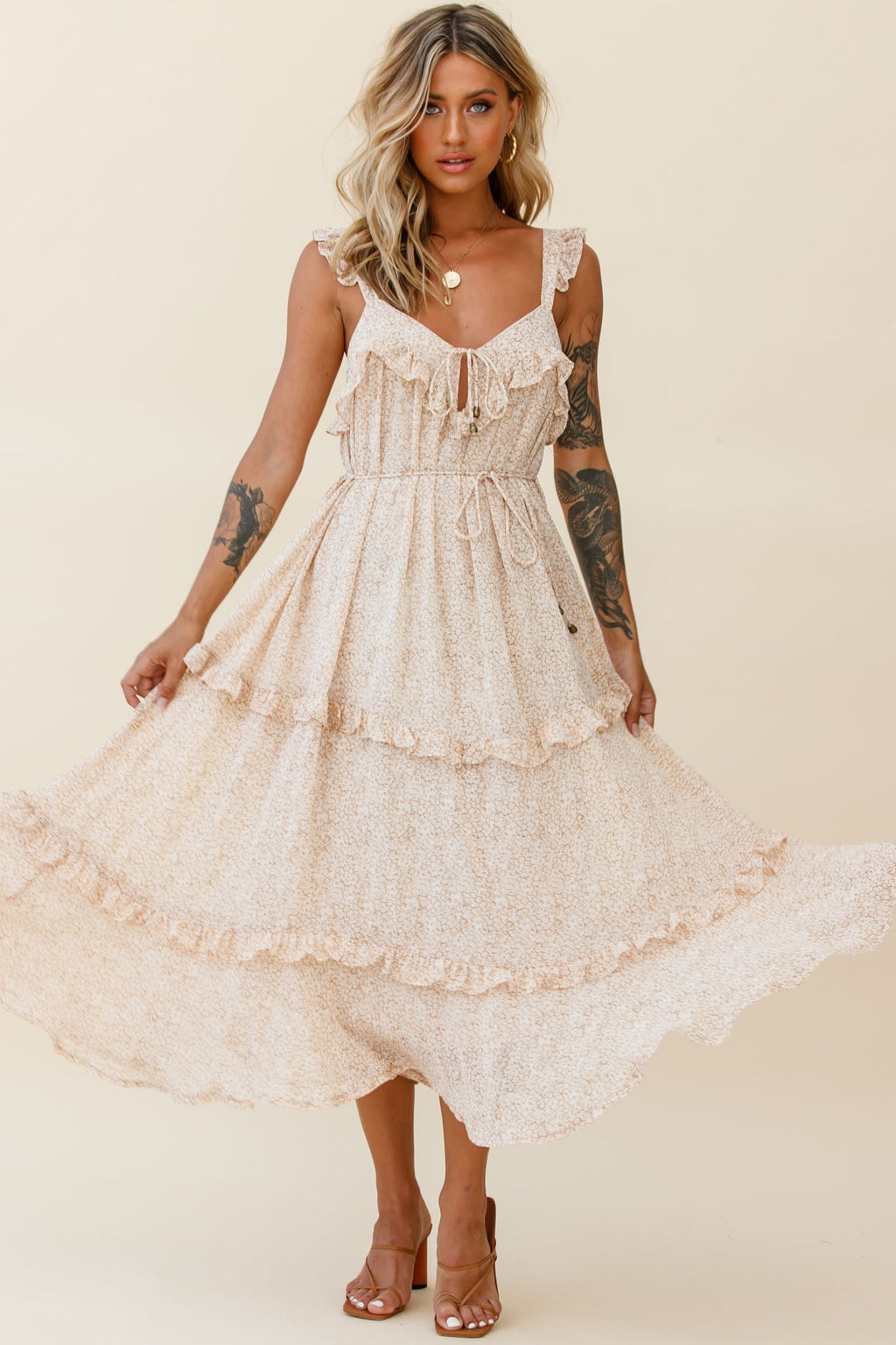 Priscilla Frill Detail Maxi Dress Floral Print Beige by Selfie Leslie
