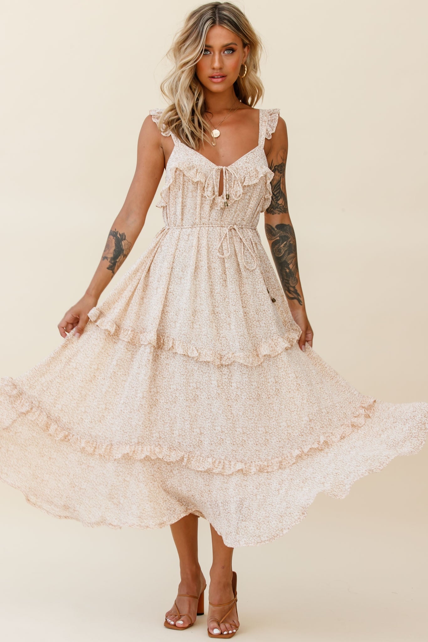 Priscilla Frill Detail Maxi Dress Floral Print Beige by Selfie Leslie