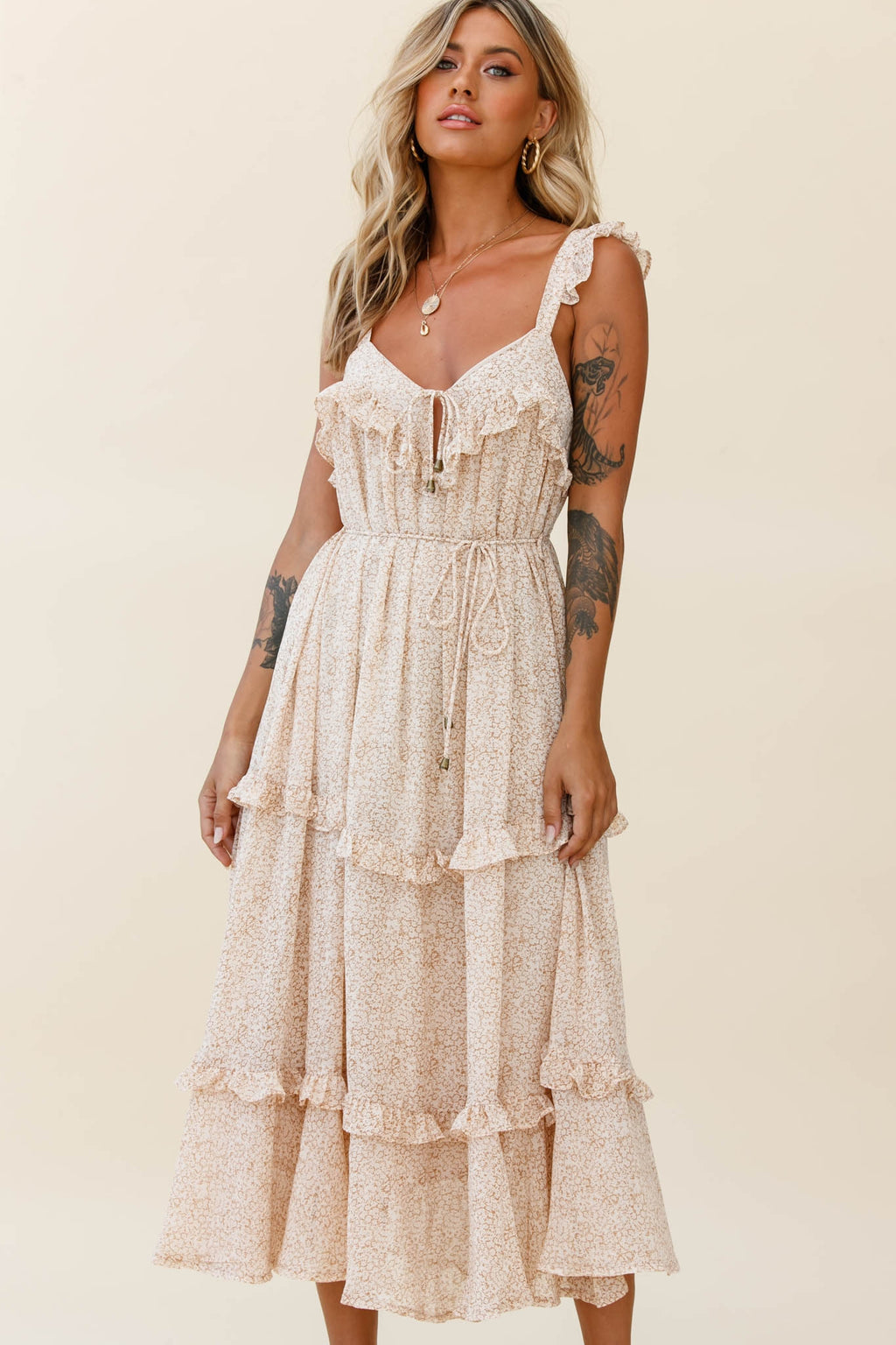 Priscilla Frill Detail Maxi Dress Floral Print Beige by Selfie Leslie