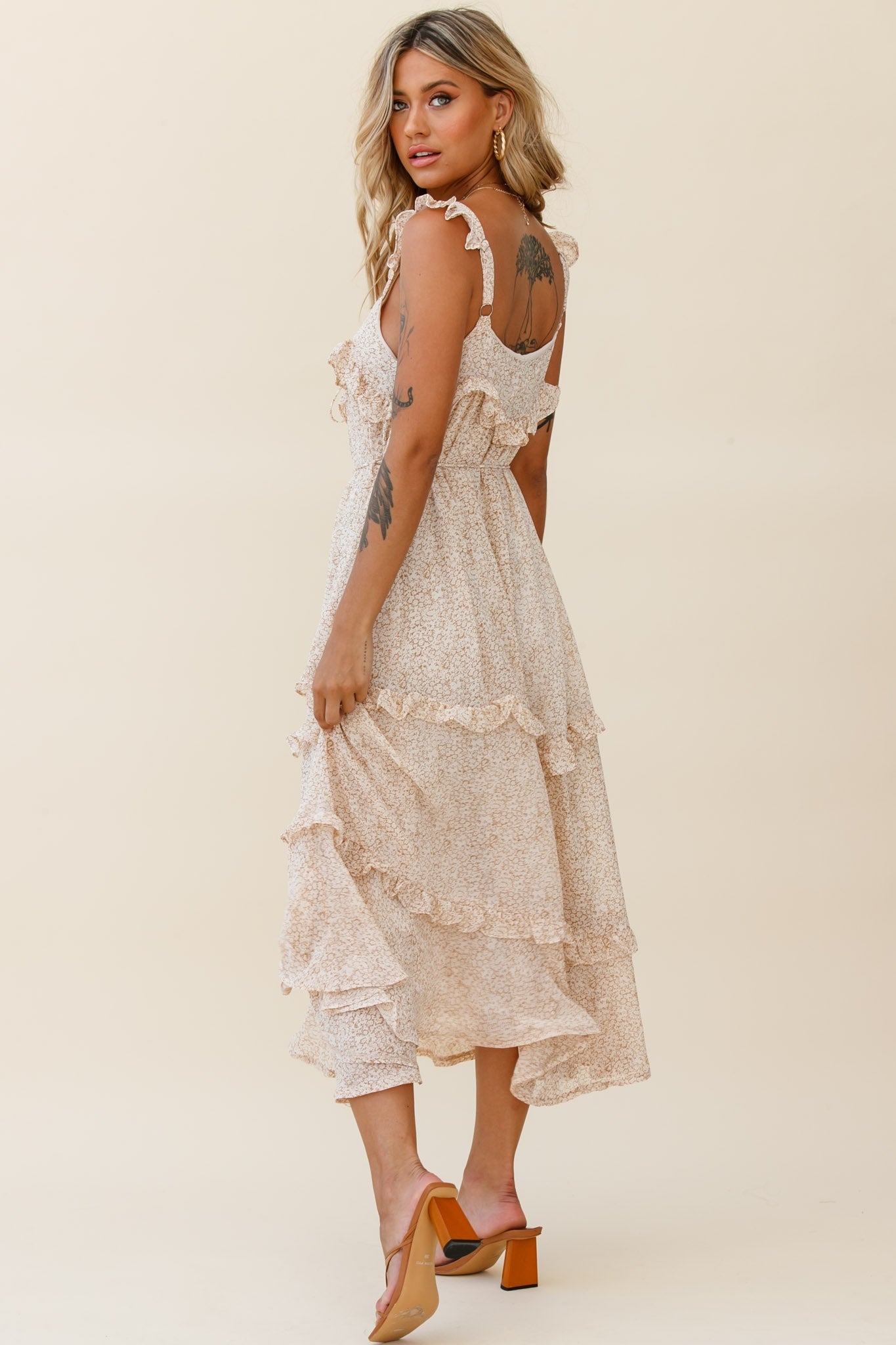 Priscilla Frill Detail Maxi Dress Floral Print Beige by Selfie Leslie