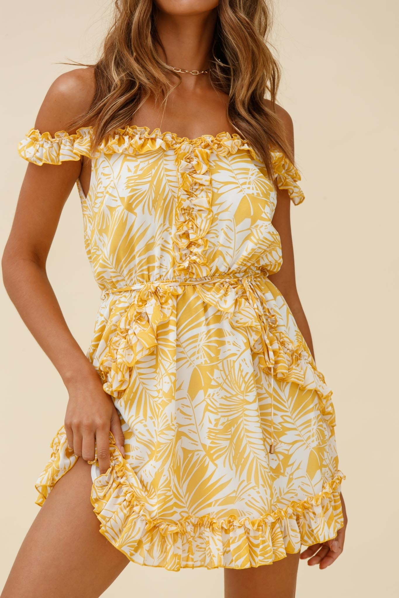 Sail Away Off-Shoulder Frill Accent Dress Tropical Print Yellow by Selfie Leslie