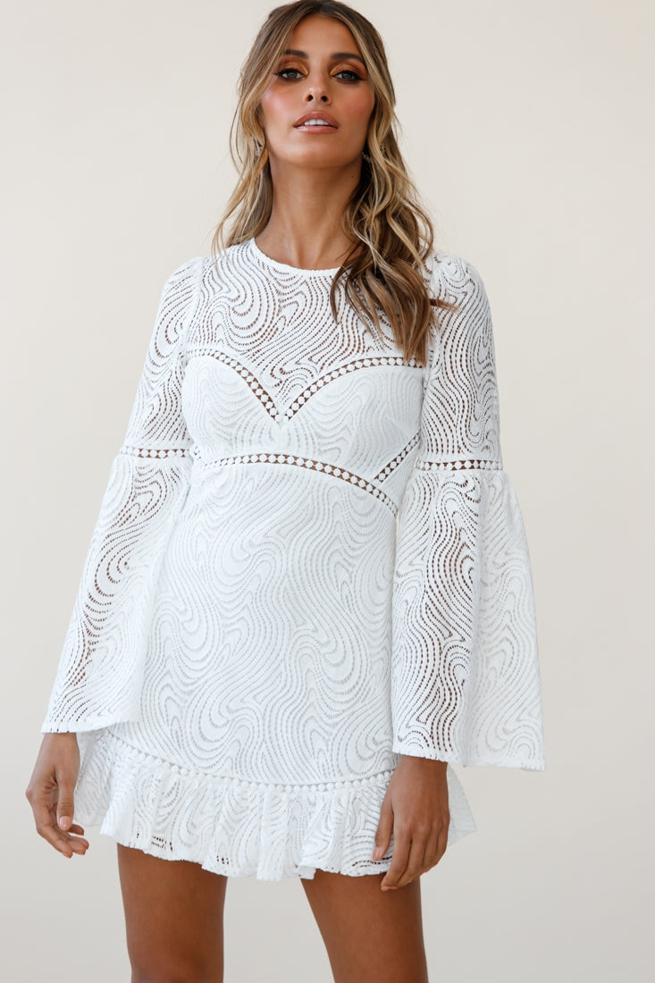 Sky High Long Bell Sleeve Crochet Embroidery Dress White by Selfie Leslie