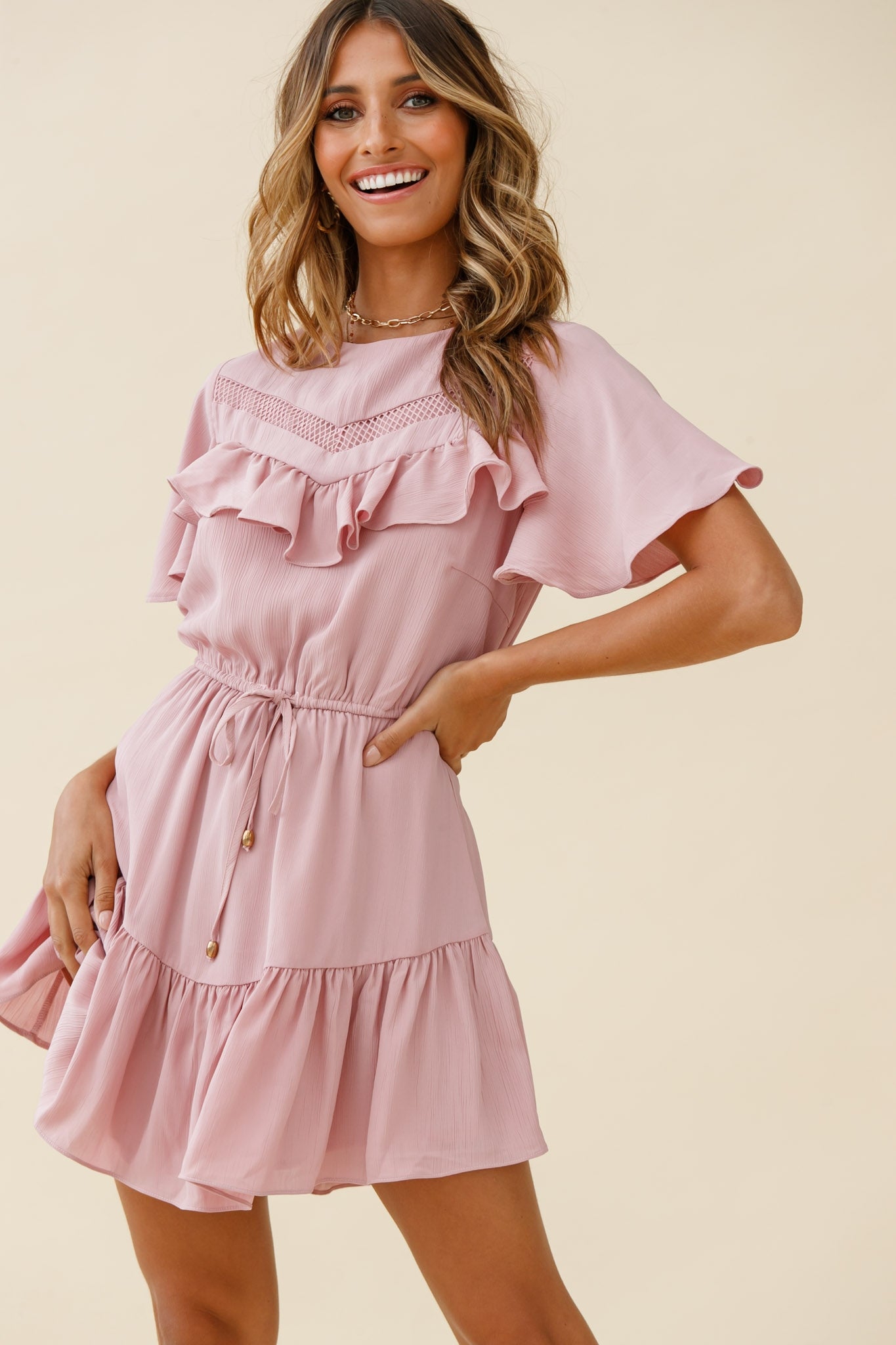 Forever Free Angel Sleeve Drawstring Waist Dress Blush by Selfie Leslie