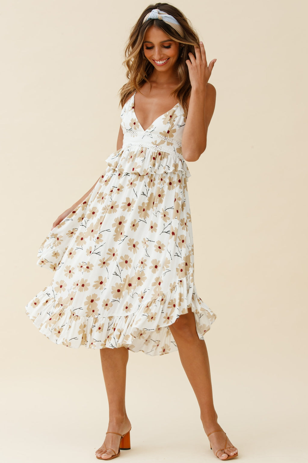 needle & thread ruffle midi dress in allover floral print Marigold Peplum Midi Ruffle Dress Floral Print White