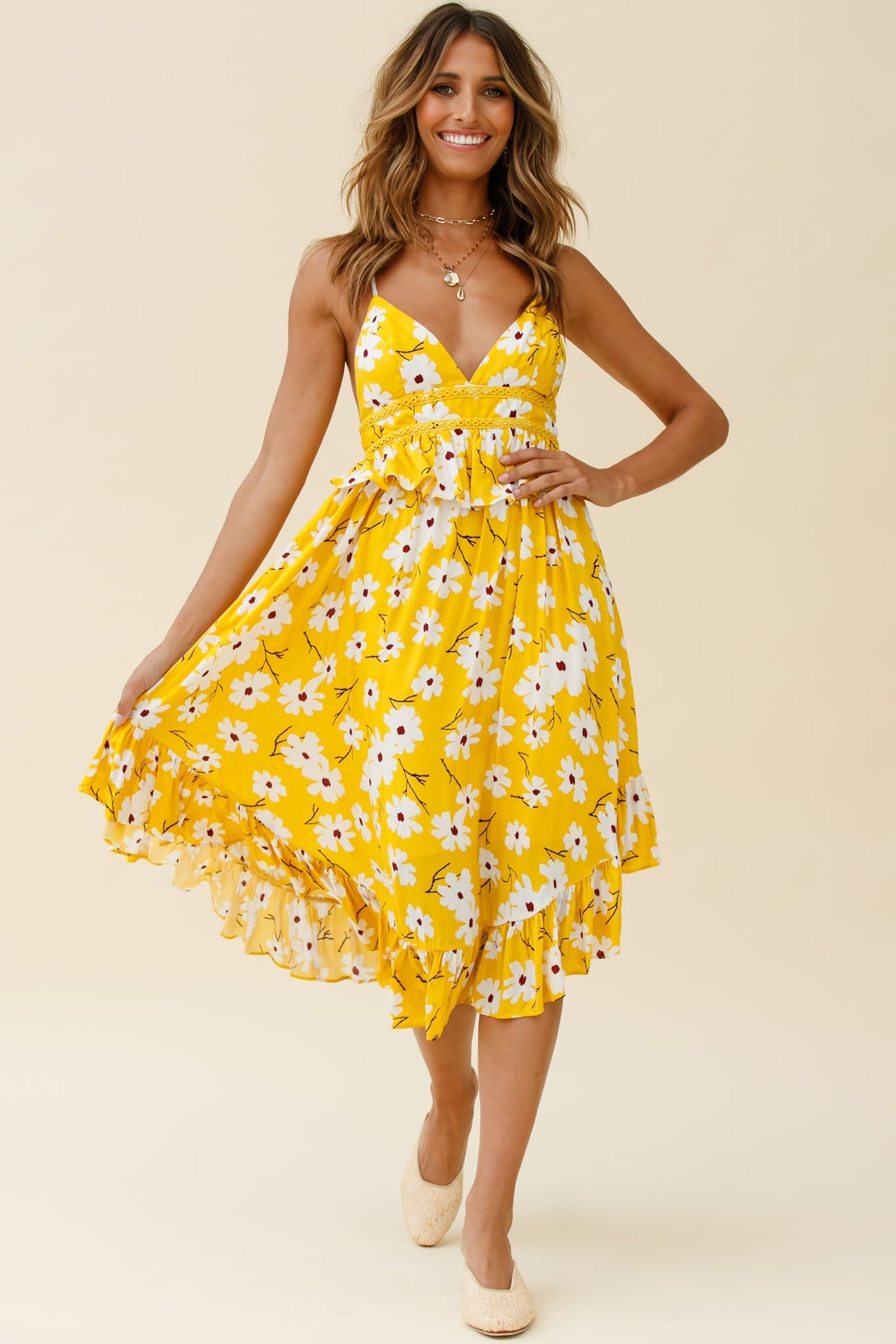 Shop the Marigold Peplum Midi Ruffle Dress Floral Print Yellow