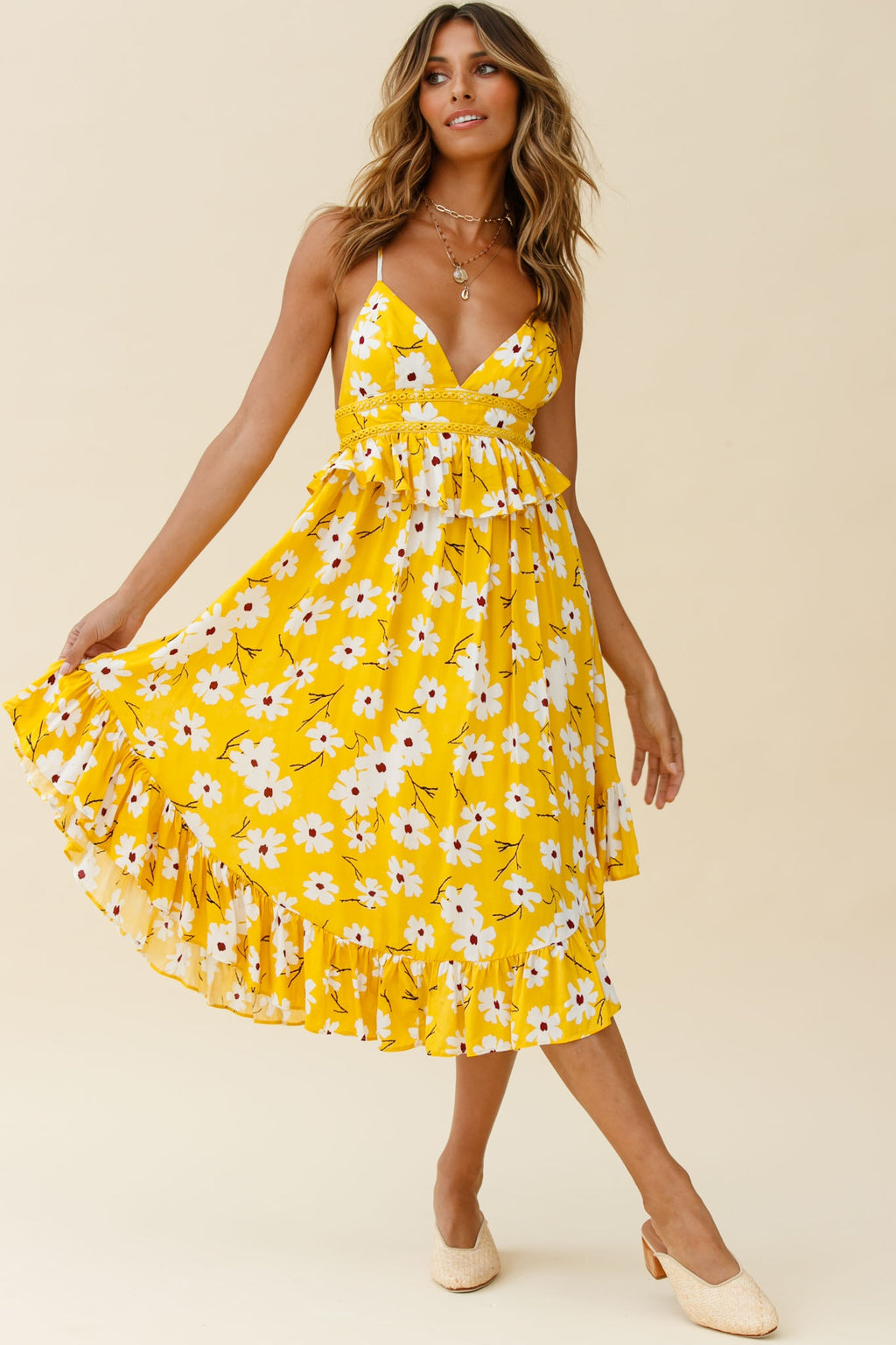 Marigold Peplum Midi Ruffle Dress Floral Print Yellow by Selfie Leslie