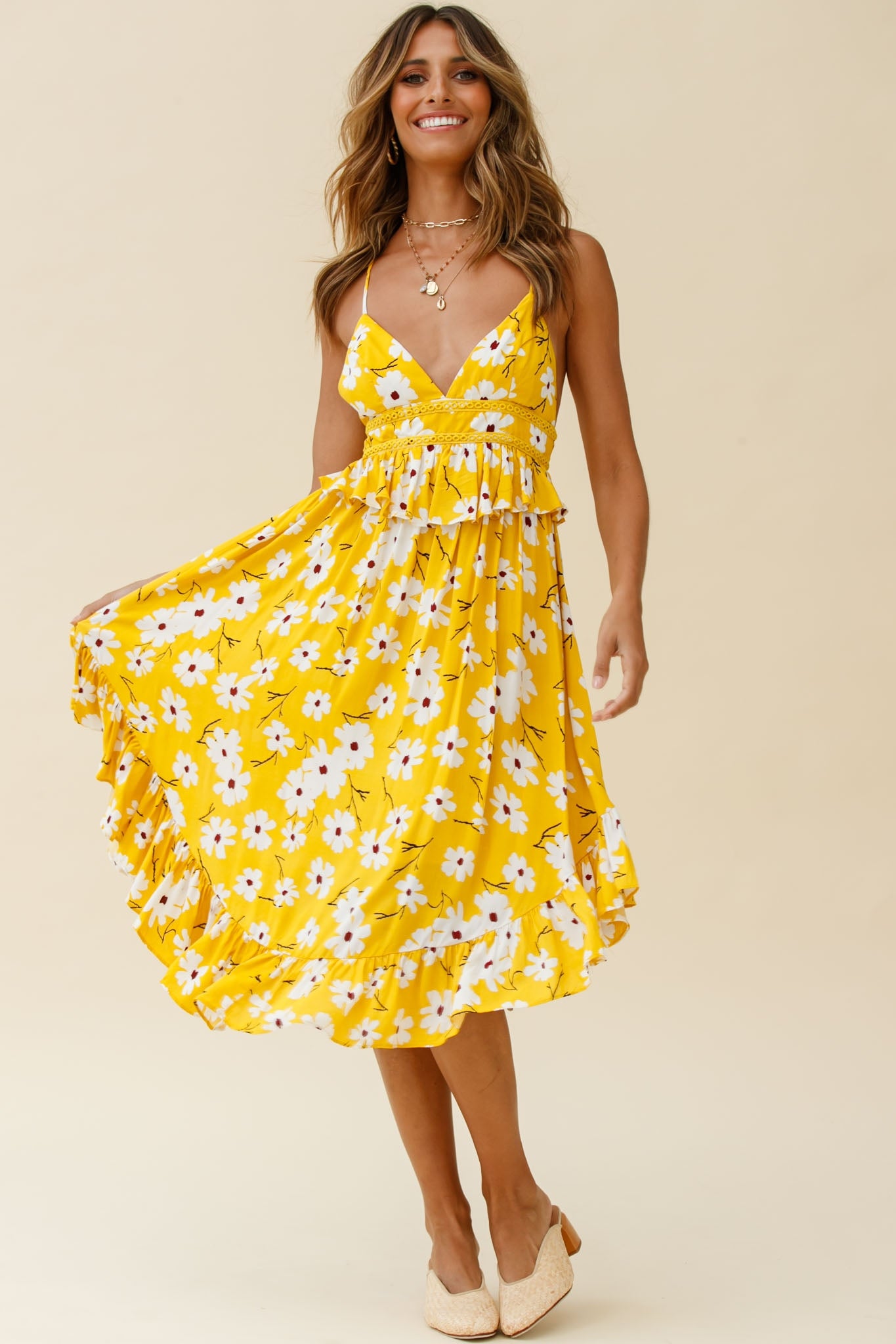 Marigold Peplum Midi Ruffle Dress Floral Print Yellow by Selfie Leslie