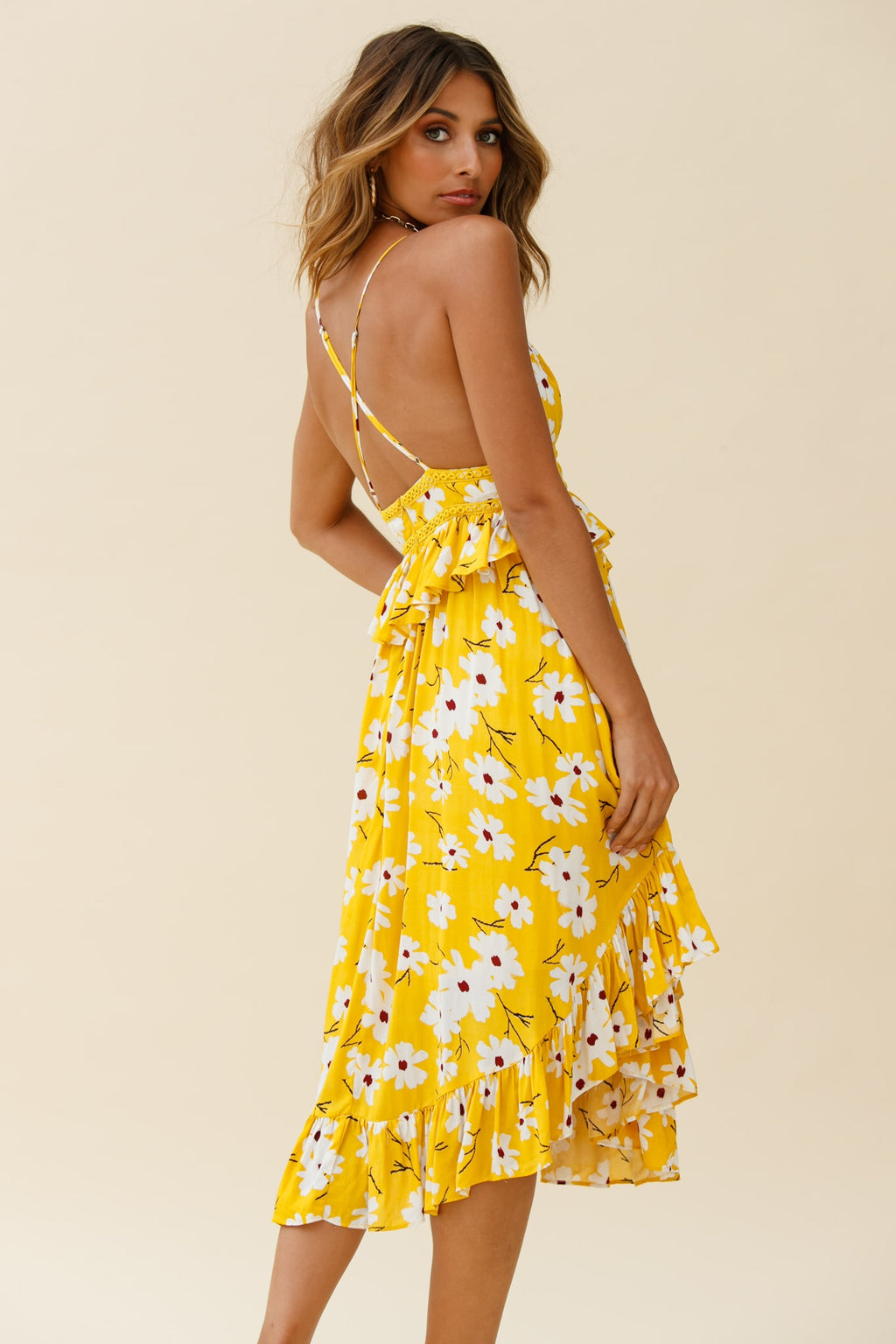 Marigold Peplum Midi Ruffle Dress Floral Print Yellow by Selfie Leslie