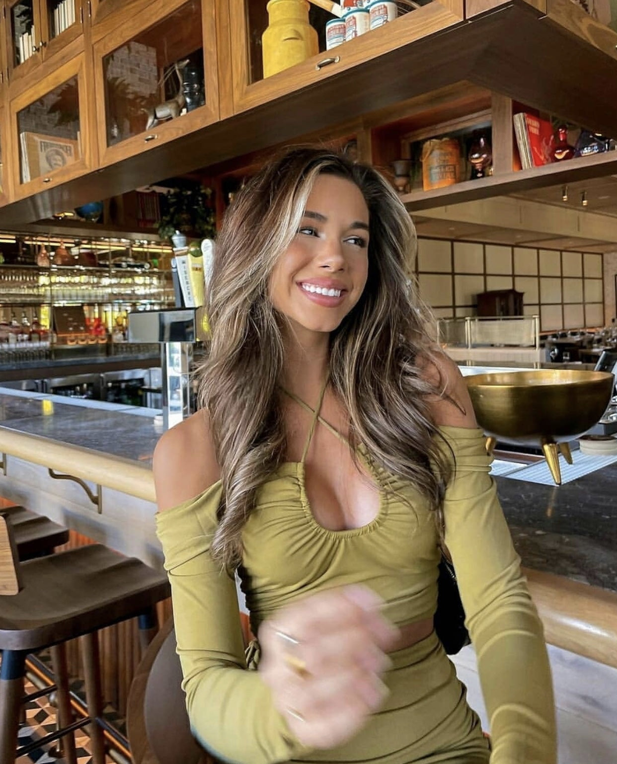 Your Muse Long Sleeve Drawstring Bust Crop Top Olive by Selfie Leslie