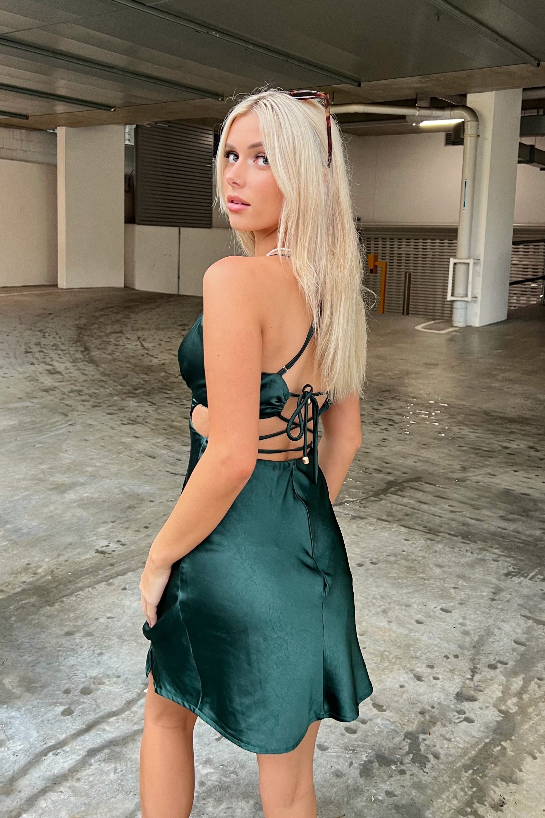 City Lights Cut-Out Waist Strappy Back Mini Dress Jade by Selfie Leslie