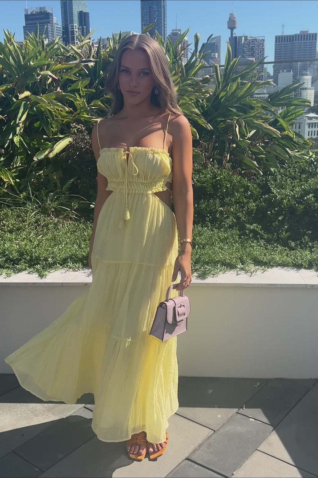 Eyona Cut-Out Waist Tie Maxi Dress Lemon