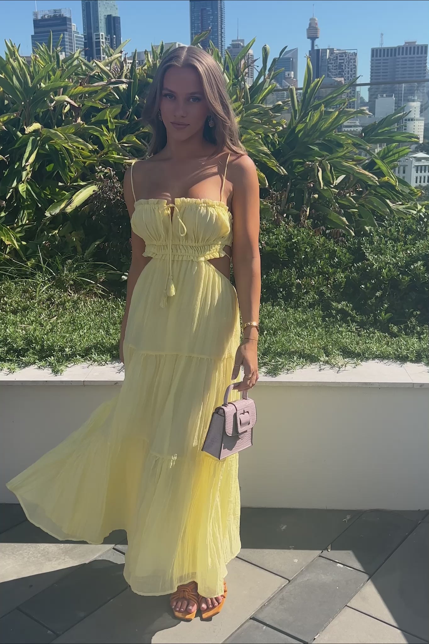 Eyona Cut-Out Waist Tie Maxi Dress Lemon