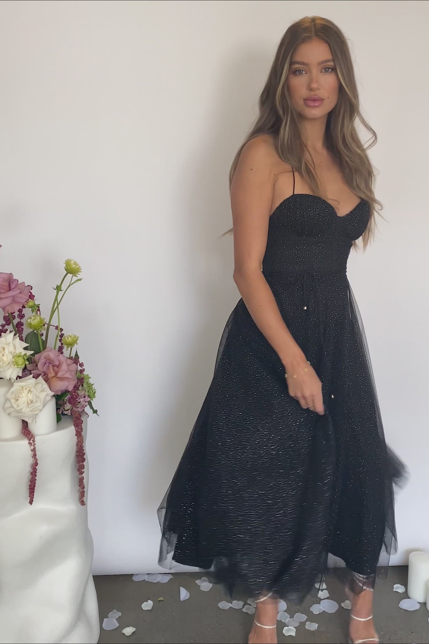 Smitten Sweetheart Neckline Chiffon Midi Dress Black Sparkle