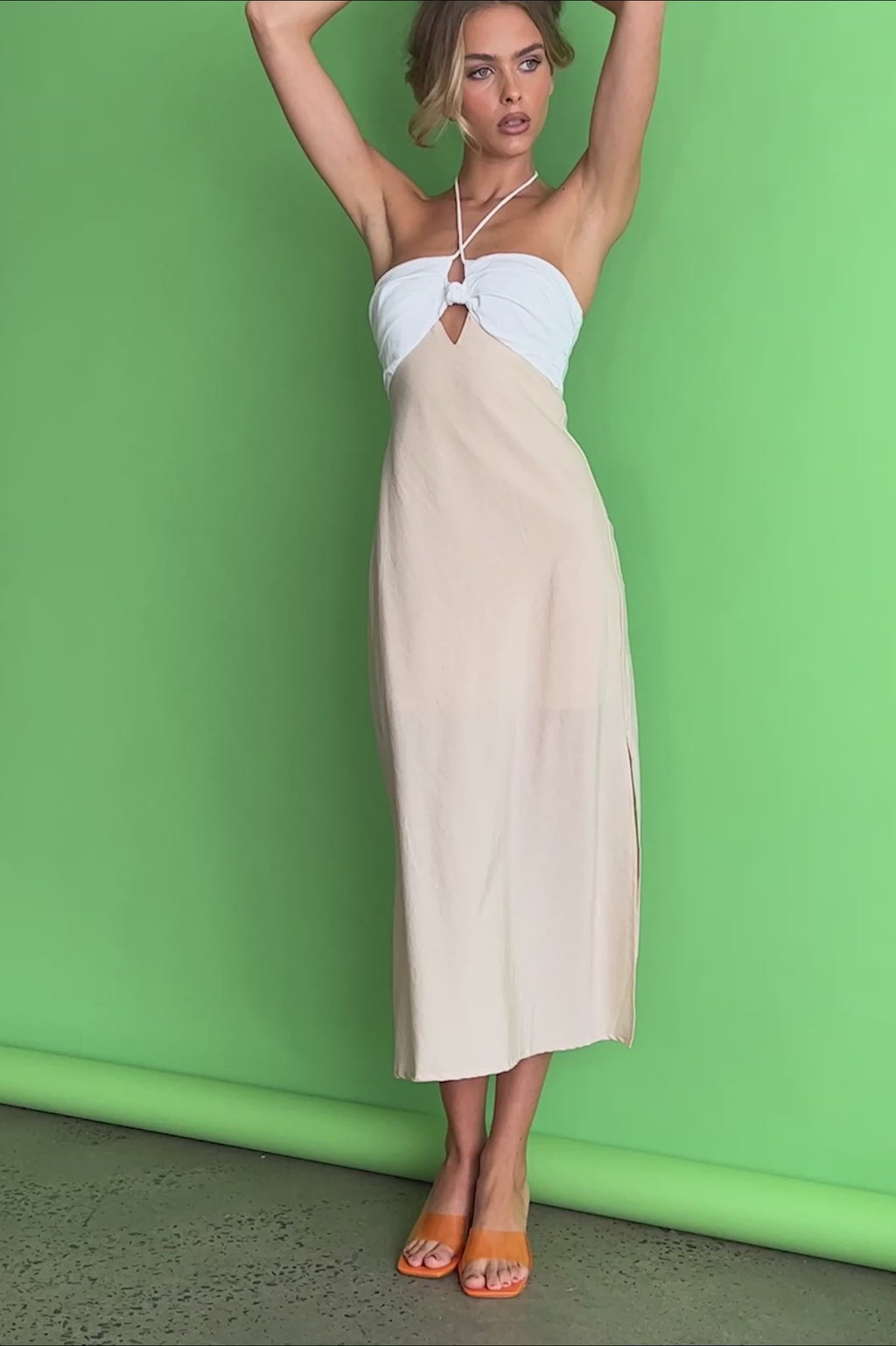 Prue Halterneck Midi Dress Beige