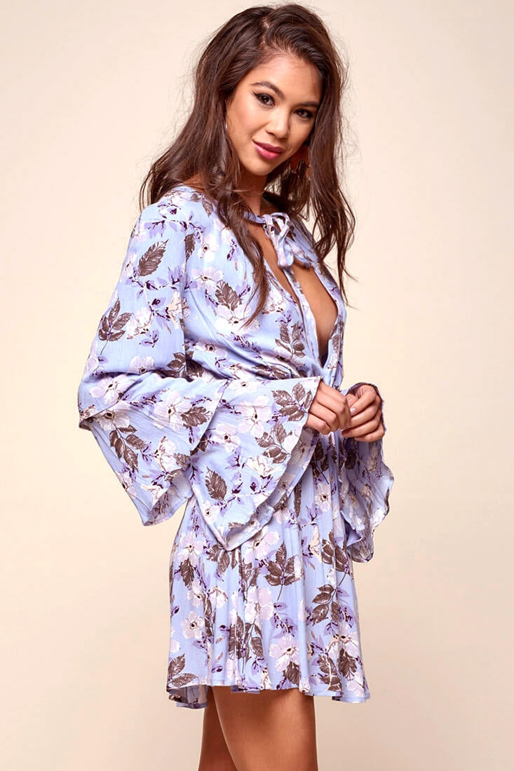 Marisol Deep V Tiered Bell Sleeve Dress Blue by Selfie Leslie