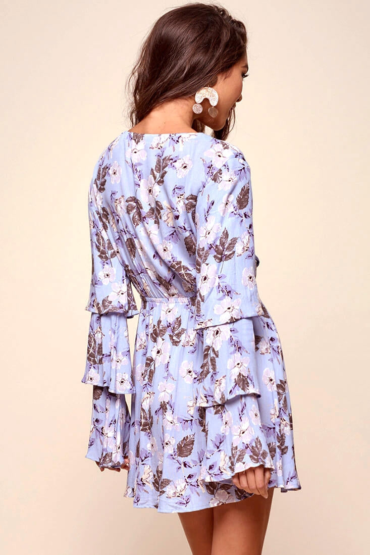Marisol Deep V Tiered Bell Sleeve Dress Blue by Selfie Leslie