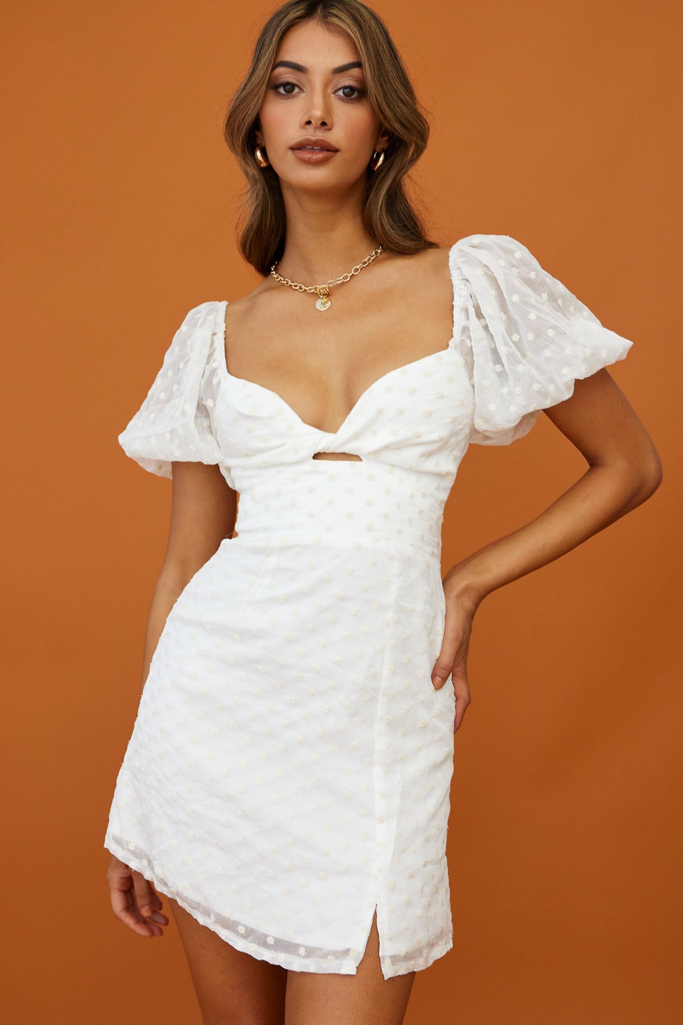 Molli Sheer Puff Sleeve Twist Feature Dress White by Selfie Leslie