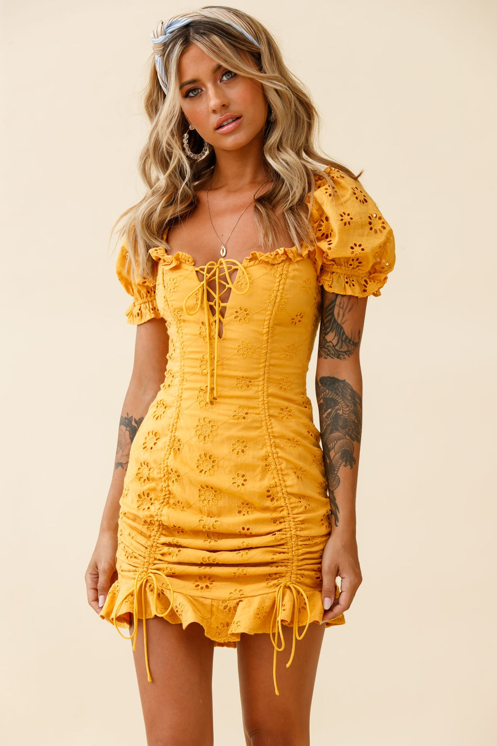 La Quinta Lace-Up Bust Drawstring Detail Anglaise Dress Yellow by Selfie Leslie