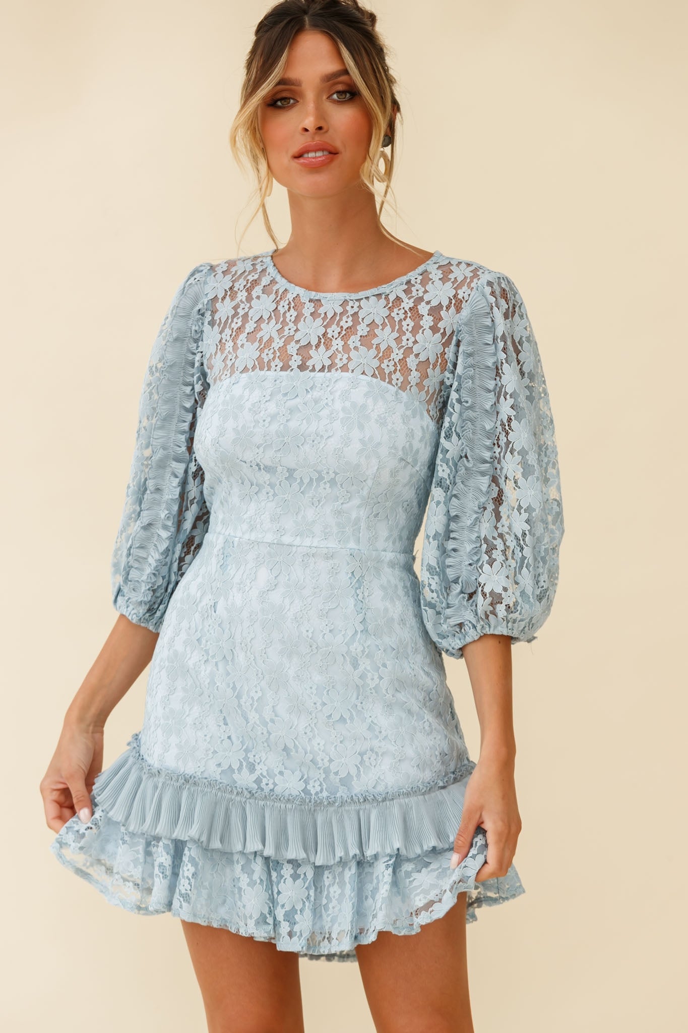 Home Again Three-Quarter Sleeve Lace Dress Blue by Selfie Leslie