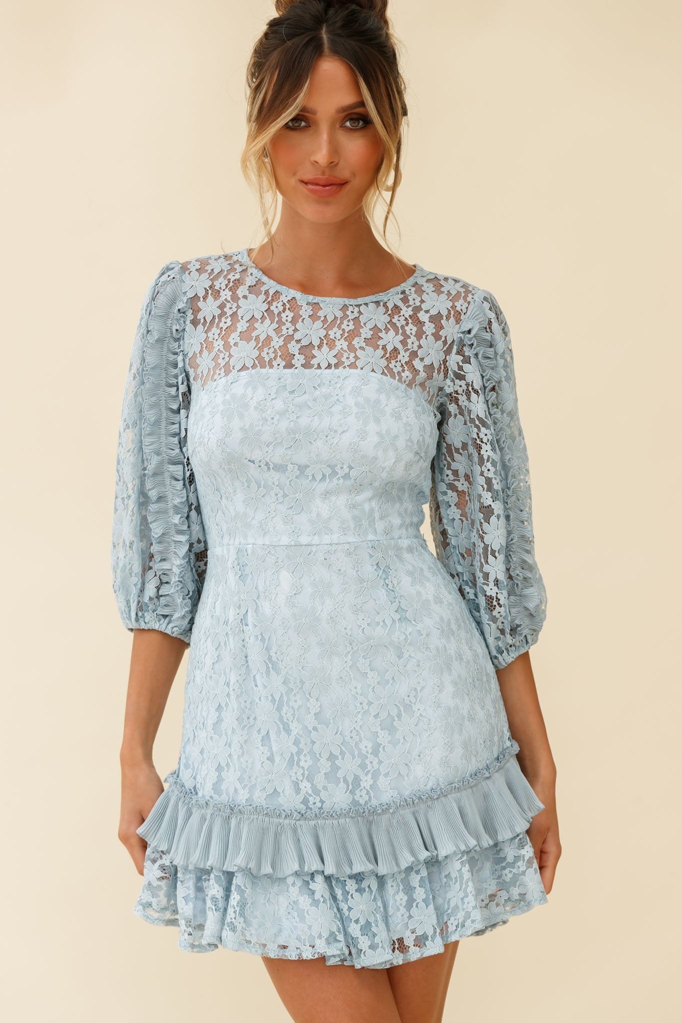 Home Again Three-Quarter Sleeve Lace Dress Blue by Selfie Leslie