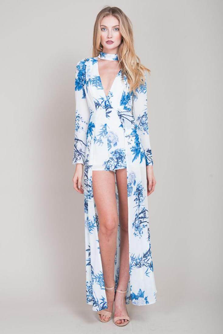 Estella Floral Maxi Romper Blue by Selfie Leslie