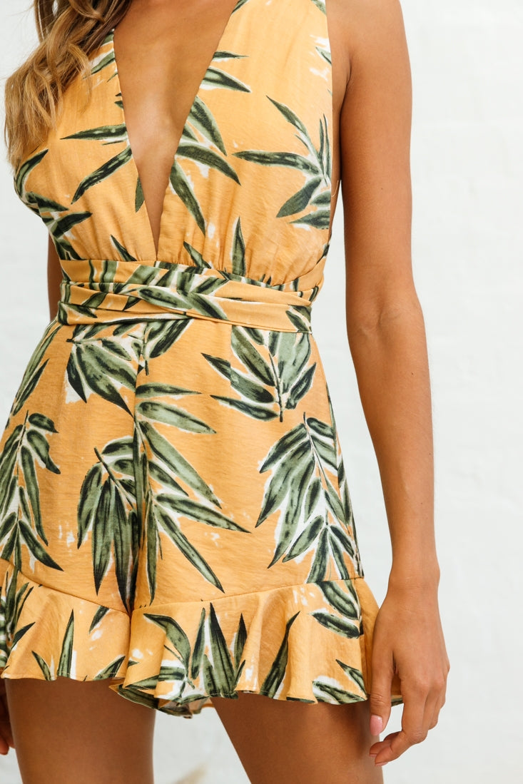 Playa Vista Halterneck Frill Hem Romper Palm Print Sunset by Selfie Leslie