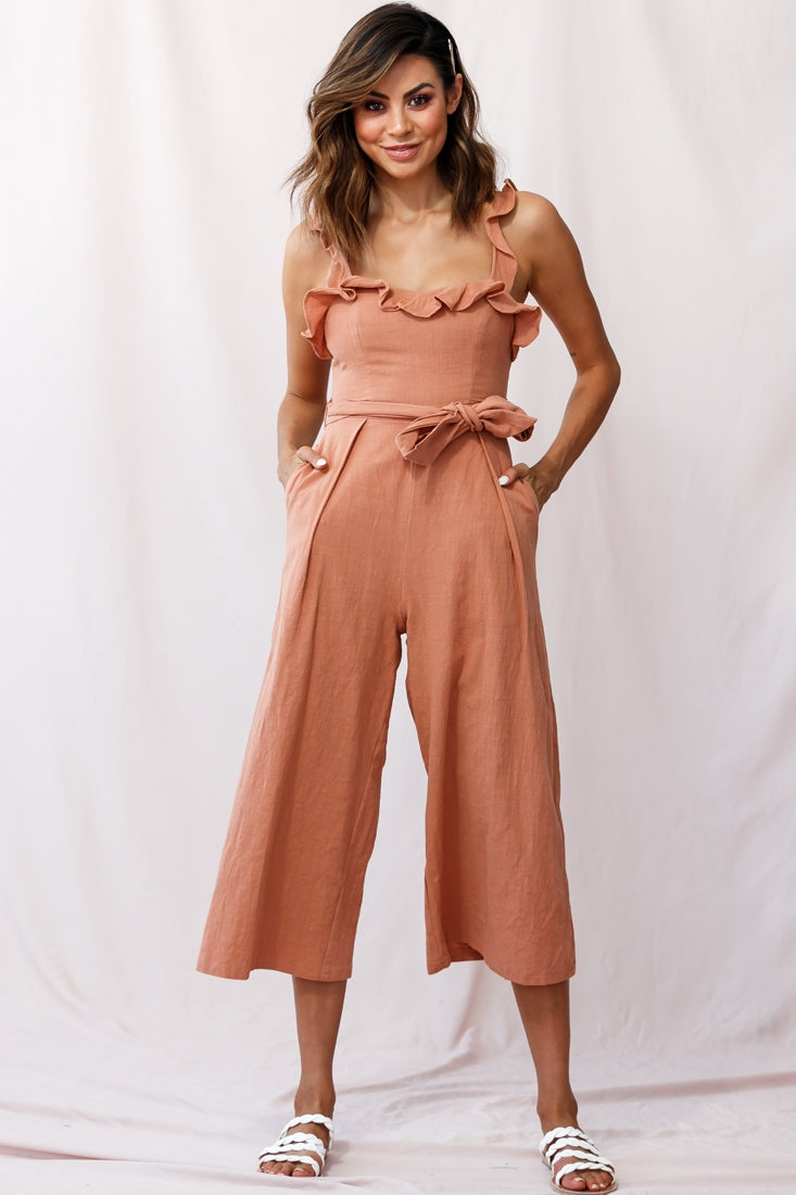 Kaia Ruffle Strap Wide-Leg Capri Jumpsuit Tan by Selfie Leslie
