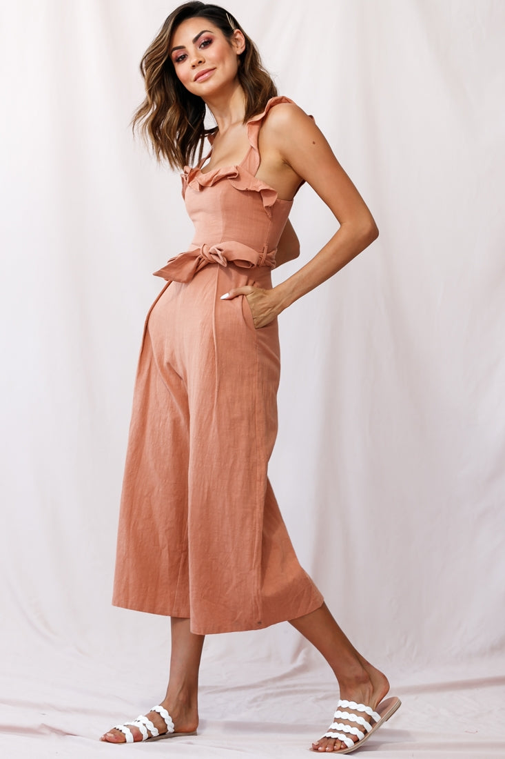Kaia Ruffle Strap Wide-Leg Capri Jumpsuit Tan by Selfie Leslie