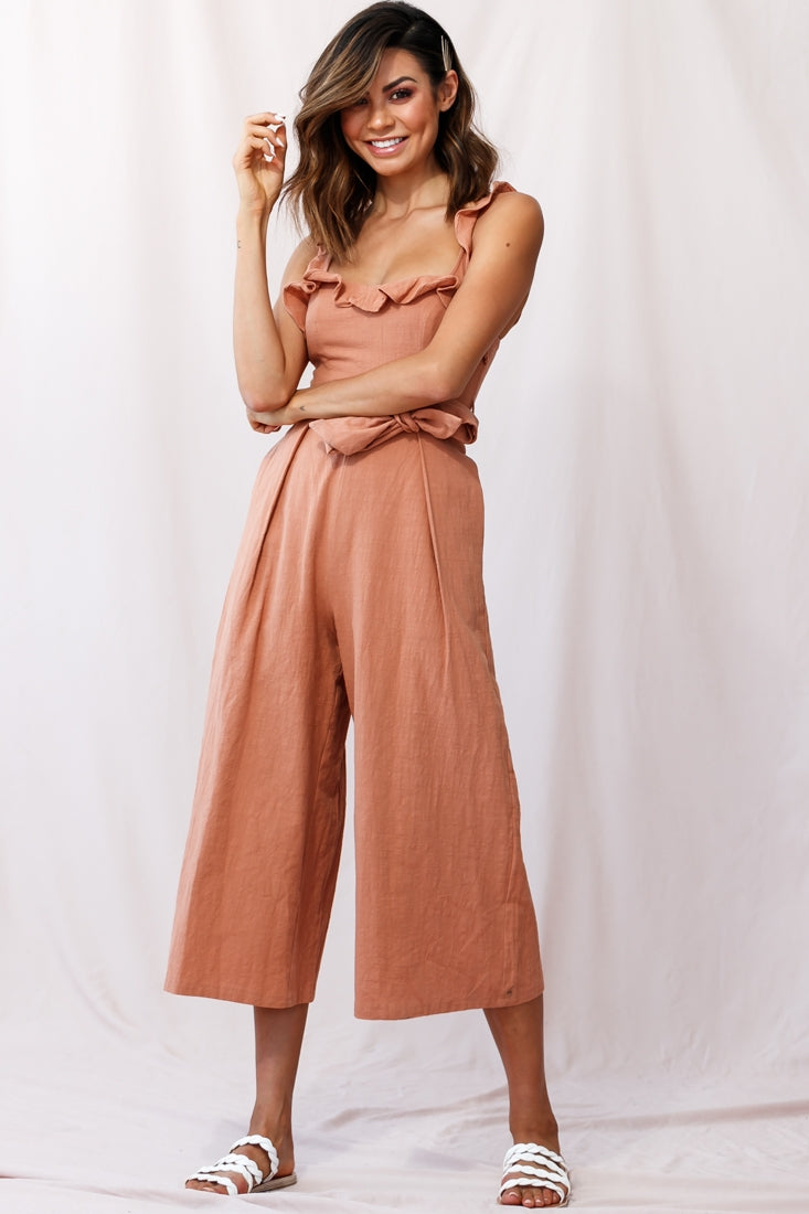 Kaia Ruffle Strap Wide-Leg Capri Jumpsuit Tan by Selfie Leslie