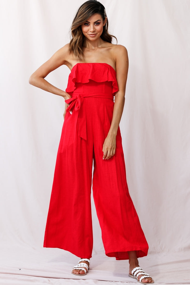 Hamilton Bandeau Ruffle Wide Leg Jumpsuit Red by Selfie Leslie