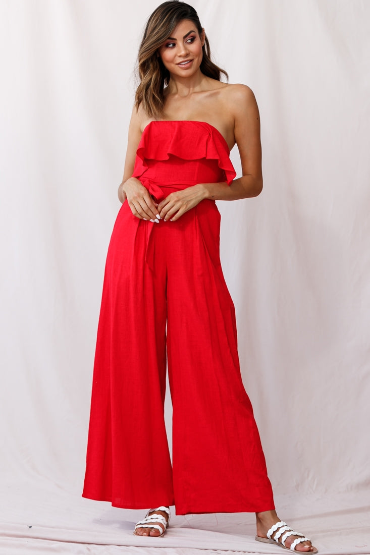 Hamilton Bandeau Ruffle Wide Leg Jumpsuit Red by Selfie Leslie