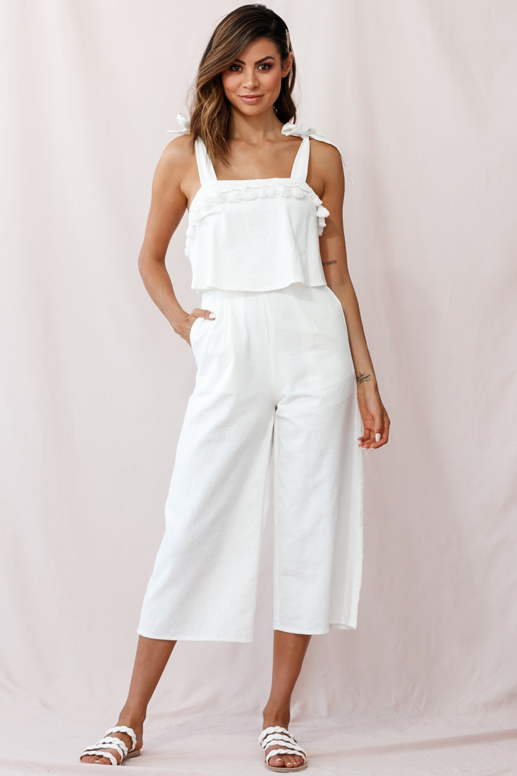 Sirocco Tassel Trim Tied Shoulder Midi Jumpsuit White by Selfie Leslie