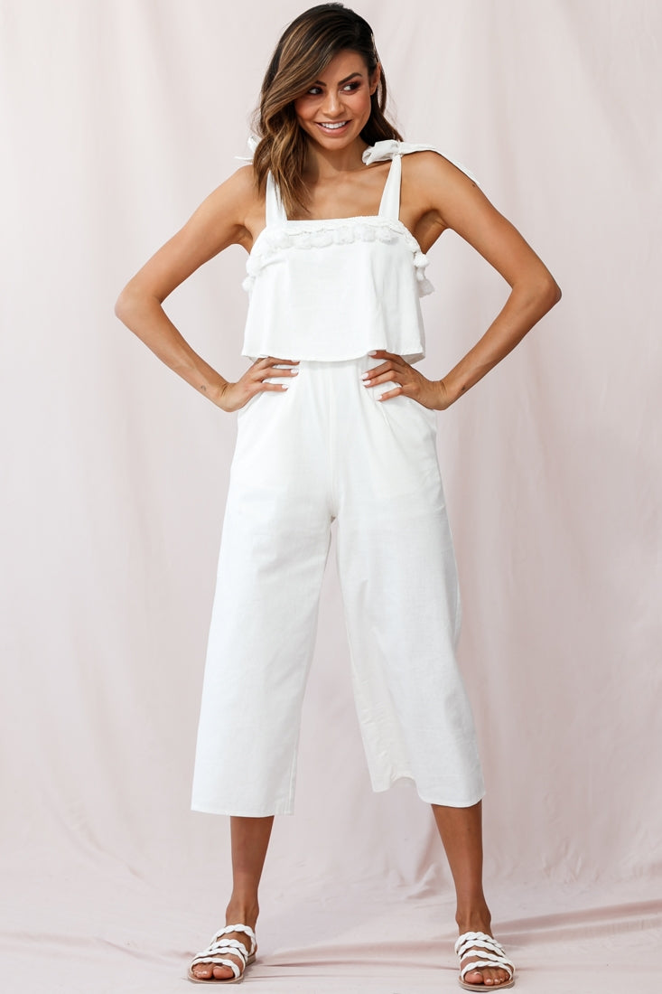 Sirocco Tassel Trim Tied Shoulder Midi Jumpsuit White by Selfie Leslie