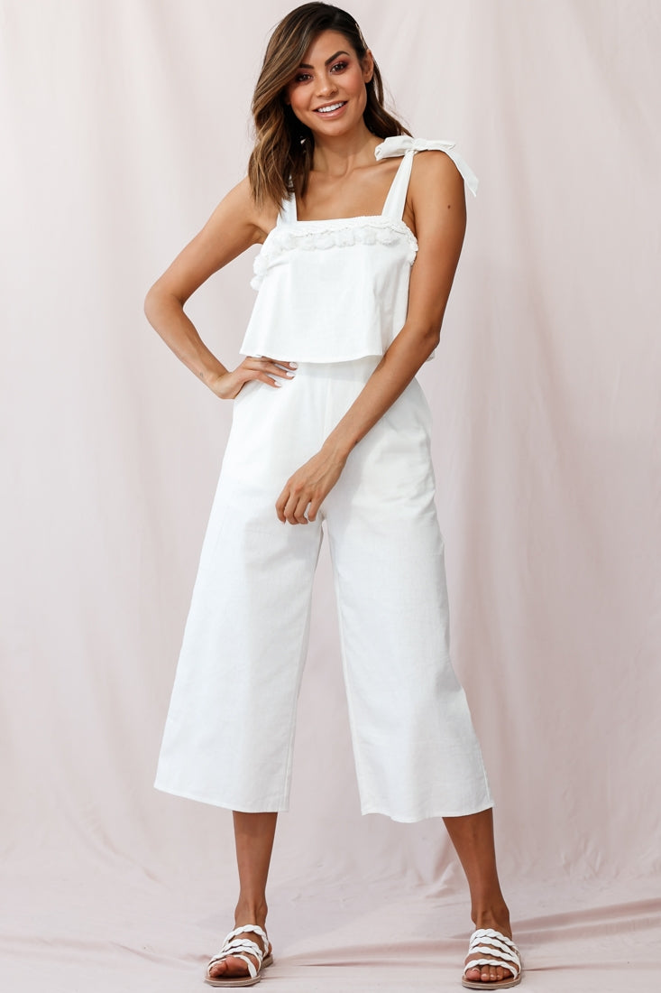Sirocco Tassel Trim Tied Shoulder Midi Jumpsuit White by Selfie Leslie
