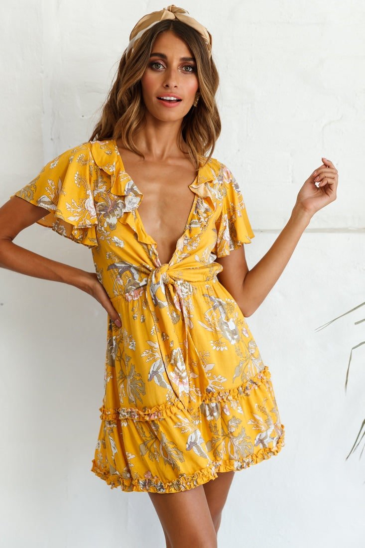 Sunny Daze Angel Sleeve Tie-Knot Bust Floral Print Dress Mustard by Selfie Leslie