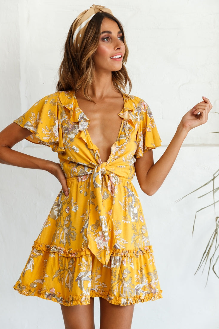 Sunny Daze Angel Sleeve Tie-Knot Bust Floral Print Dress Mustard by Selfie Leslie