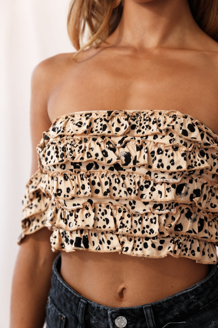 Tigerlily Tiered Frill Off-Shoulder Top Mocha Leopard by Selfie Leslie