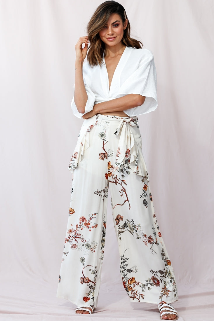 Amanda Wide-Leg Frill Detail Pants Floral Print Beige by Selfie Leslie