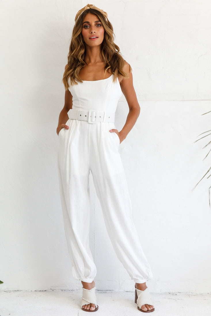 Santa Barbara Cuffed Hem Belted Jumpsuit White by Selfie Leslie
