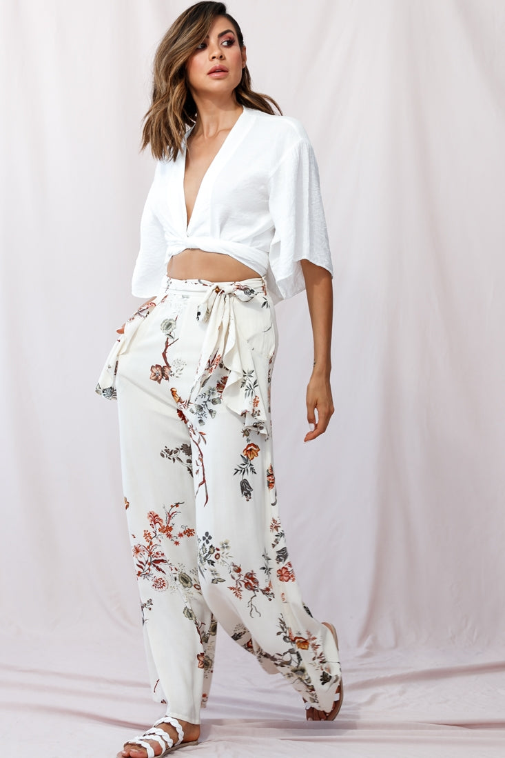 Amanda Wide-Leg Frill Detail Pants Floral Print Beige by Selfie Leslie