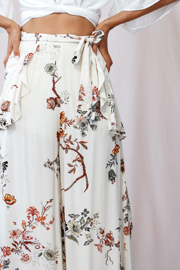 Amanda Wide-Leg Frill Detail Pants Floral Print Beige by Selfie Leslie