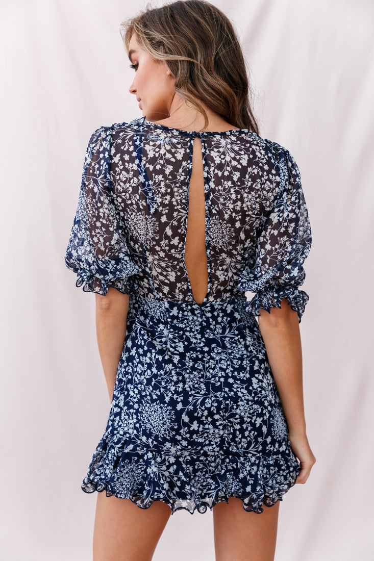Misty Half Puff Sleeve Ruffle Detail Dress Navy by Selfie Leslie