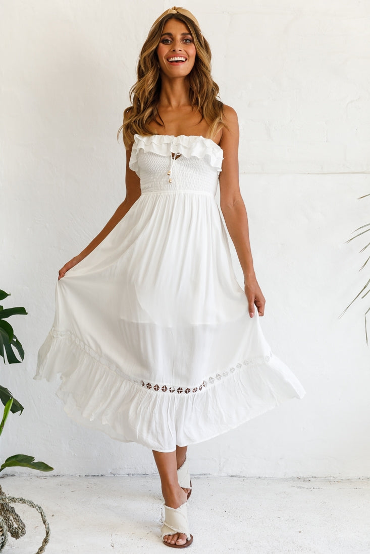 Daydream Shirred Bust Frill Trim Maxi Dress White by Selfie Leslie