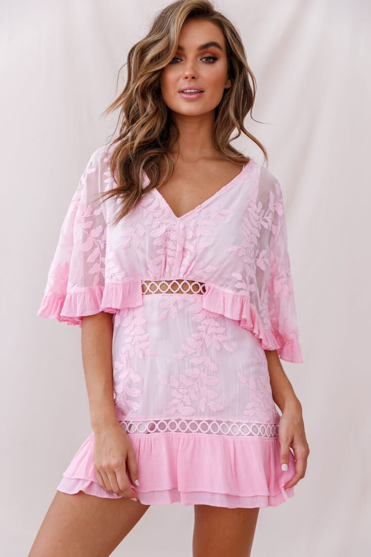 Caspar Leafy Embroidered Dress Baby Pink by Selfie Leslie