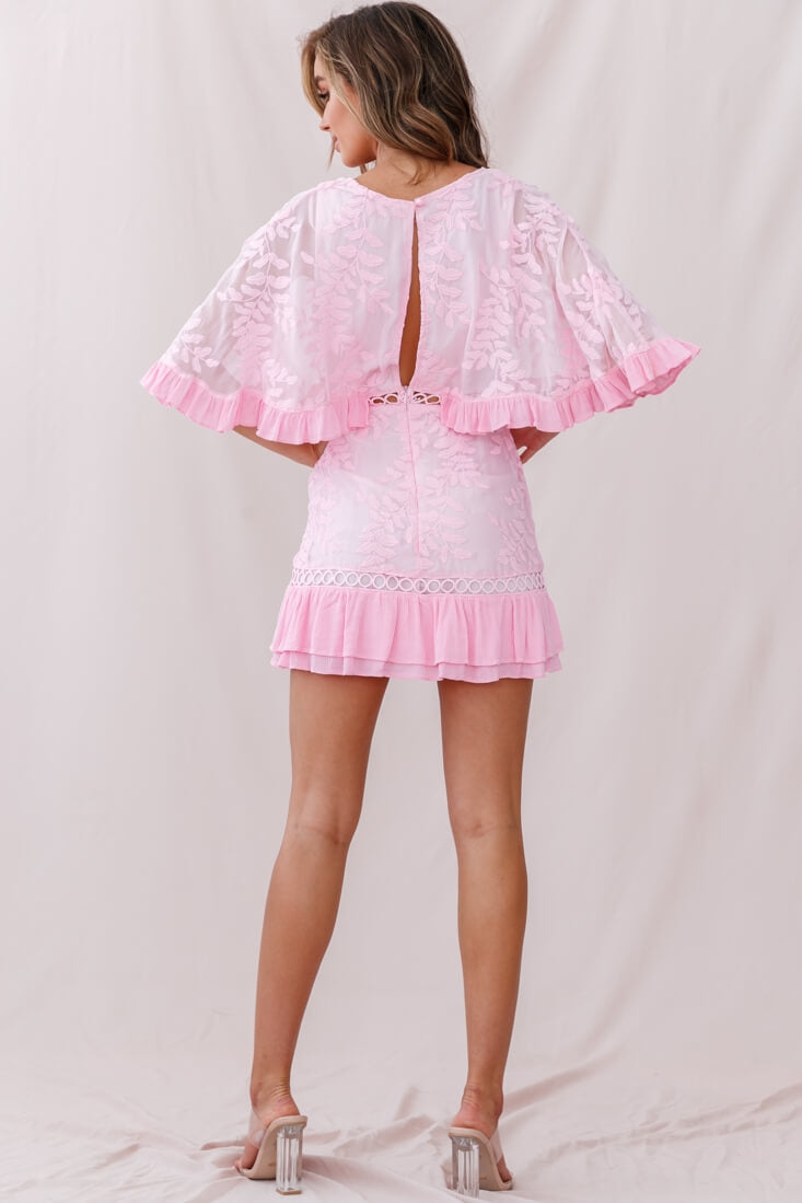 Caspar Leafy Embroidered Dress Baby Pink by Selfie Leslie